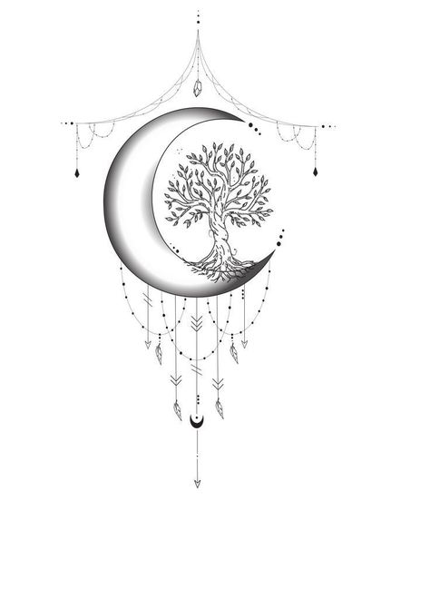 Moon And Tree Of Life Tattoo, Moon And Tree Tattoo Designs, Tree Of Life With Moon Tattoo, Tree Of Life Moon Tattoo, Tree Of Life And Moon Tattoo, Tree Of Life Unalome Tattoo, Moon Trees Tattoo, Tree Of Life Dream Catcher Tattoo, Mandala Tree Of Life Tattoo For Women