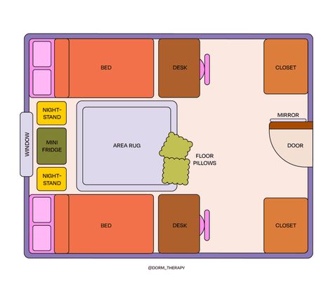 4 Dorm Room Layout Ideas for Roommates in Doubles | Dorm Therapy Dorm 2 People, Dorm Room Ideas With Roommate, 2 Person Dorm Room Layout, 3 Person Dorm Room Layout, Dorm Room Floor Plan, Small Dorm Room Ideas Layout Double, Dorm Room Layout Double, Kpop Trainee Dorm, Dorm Room Layout Ideas