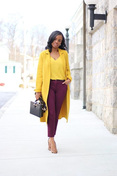 Bright yellow and maroon, fall work wear Dark Mustard Pants Outfit, Yellow Blouse Outfit, Yellow Top Outfit, Maroon Pants Outfit, Master Wardrobe, Yellow Pants Outfit, Mustard Yellow Outfit, Mustard Outfits, Pants Outfit Work