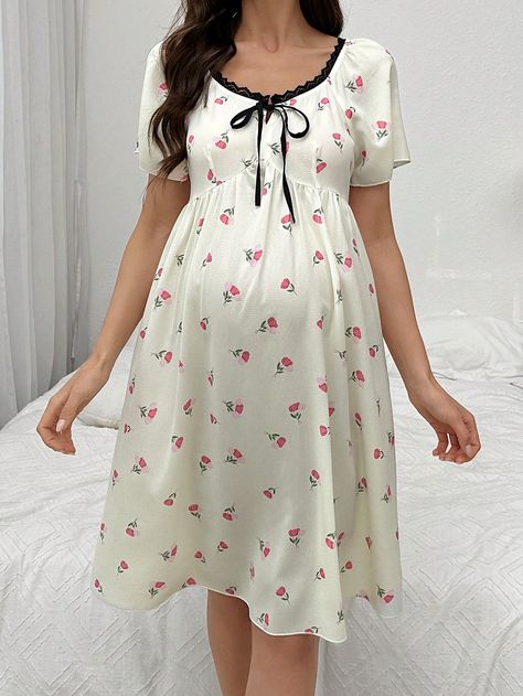 Contrast Color Maternity Nightgown With Lace Trim, Front Tie And Ditsy Floral Pajama DressI discovered amazing products on SHEIN.com, come check them out! Pregnant Women Dress, Nighty Designs Indian, Feminine Loungewear, Nighty Night Dress, Maternity Wear Dresses, Maternity Nightgown, Casual Maternity Dress, Cute Maternity Dresses, Night Suit For Women