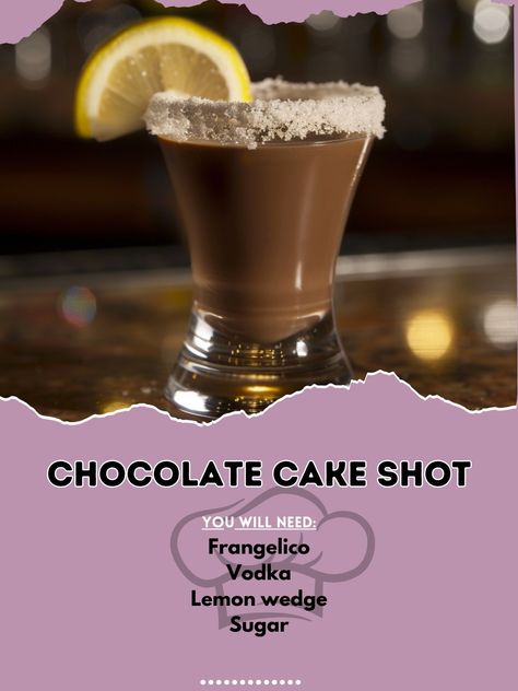 🍫 Indulge in a Chocolate Cake Shot – it’s dessert in a glass! 🍫✨ #ChocolateCakeShot #DessertShots Chocolate Cake Shot Ingredients: Frangelico (1/2 oz) Vodka (1/2 oz) Lemon wedge (garnish) Sugar (for rimming) Instructions: Rim a shot glass with sugar. Combine Frangelico and vodka in a shaker with ice. Shake well and strain into the shot glass. Garnish with a lemon wedge. 🍫✨ Tastes just like chocolate cake! Enjoy this sweet treat! 🍹✨ #RecipeInspire #CocktailShots Chocolate Cake Shot, Cake Vodka, Desserts In A Glass, Dessert Shots, Cocktail Party Food, Cocktail Shots, Lemon Wedge, Party Food, Chocolate Cake