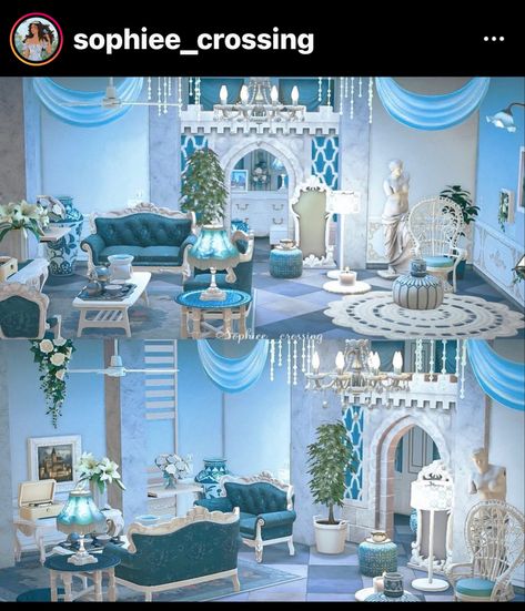 Acnh Elegant Living Room, Acnh Blue Room Ideas, Animal Crossing Elegant Room, Living Room Acnh Ideas, Mermaid Room Acnh, Animal Crossing Mermaid Room, Mermaid Living Room, Blue Animal Crossing, Animal Crossing Living Room