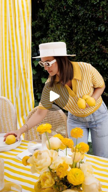 Aliana Events / Wedding & Event Planner on Instagram: "Setting the stage for a summer soirée with vibrant yellow stripes and zesty lemon balm! 🍋 

#birthday #fun #evenplanner #eventdesign #producer #events #aliaevents #summer #celebration #bithday" Yellow Table Setting, Lemon Birthday Party, Wedding Pool Party, Yellow Party, Dinner Party Summer, Yellow Table, Party Setup, Striped Wedding, Wedding Tablecloths