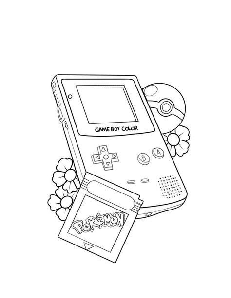 Nerdy Drawing Ideas, Nintendo Art Drawing, Gameboy Color Tattoo, Cyberpunk Coloring Pages, Gamer Coloring Pages, Gaming Coloring Pages, Pokemon Tattoo Stencil, Gameboy Drawing, Gameboy Tattoo