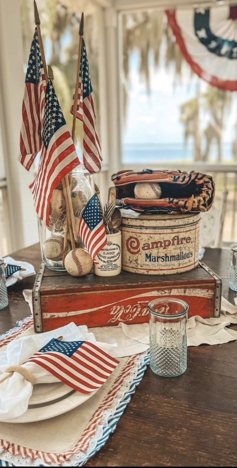 Memorial Day Mantel Decor, Patriotic Summer Decor, Americana Table Decor, Patriotic Dough Bowl Decor, Vintage Fourth Of July Decorations, Patriotic Mantel Decorating Ideas, Vintage Patriotic Decor, Memorial Day Aesthetic, Four Gables Farmhouse