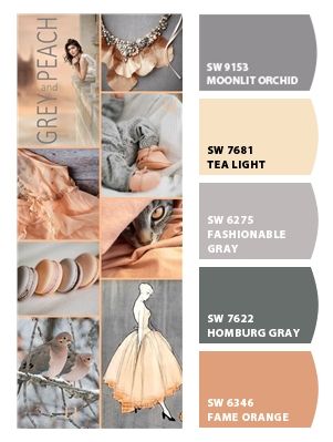 Paint colors from ColorSnap by Sherwin-Williams soft gray and peach Gray Peach Color Palette, Peach And Gray Living Room, Gray And Peach Bedroom, Beige Bathroom Ideas Color Combos, Beige And Grey Living Room, Colours That Go With Grey, Peach Color Schemes, Peach Bedroom, Peach Color Palettes