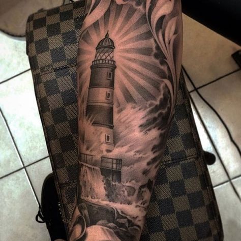 Crashing waves on the lighthouse. (via IG - ericmarcinizyn) #EricMarcinizyn #BlackandGrey #Realism #lighthouse Tattoos Trendy, Nautical Tattoo Sleeve, Anker Tattoo, Lighthouse Tattoo, Men Tattoos, Nautical Tattoo, Theme Tattoo, Tattoo Master, Ship Tattoo