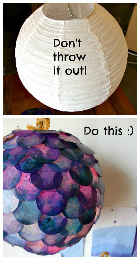 Upcycle: Paper lantern gets a fishy refab ... looks super cool :) maybe in browns/yellows for tortoise finish or greens.. fun! Upcycle Paper, Under The Sea Decorations, Mermaid Bedroom, Mermaid Nursery, Mermaid Room, Diy Lampe, Sea Decor, Paper Lantern, Diy Lamp