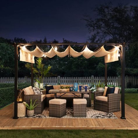 Pergola With Canopy, Friends Outdoors, Pergola Metal, Party Outside, Vinyl Pergola, Steel Pergola, Outdoor Structure, Retractable Pergola, Patio Pergola