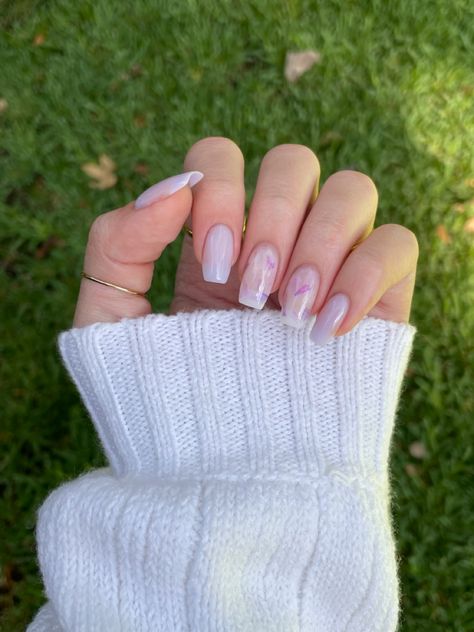 Wedding Nails Spring Brides, Wedding Nails With Lavender, Milky White And Lavender Nails, Lilac Wedding Nails For Bride, White Nails With Lavender Flowers, Milk Bath Nails Gel, Milky Chrome Lilac Nails, Real Flower Nail Designs, Milky Pink Wedding Nails