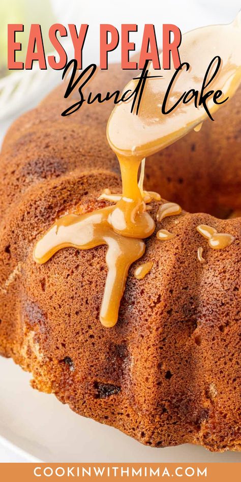 This Easy Pear Bundt Cake is truly one of the best! Bundt cakes are perfect for any occasion and this one is full of delightful flavors. It has a tender crumb and juicy bursts of pear in every bite. Top that with a caramel sauce drizzle and you have a dessert that’s truly crave-worthy. Try it today! Apple And Pear Cake Recipe, Fall Bundt Cake Recipes Easy, Pear Bundt Cake Recipe, Caramel Pear Cake, Pear Bundt Cake, Fresh Pear Cake Recipes Easy, Fresh Pear Bundt Cake Recipe, Spiced Pear Cake Recipes, Pear Cake Gluten Free