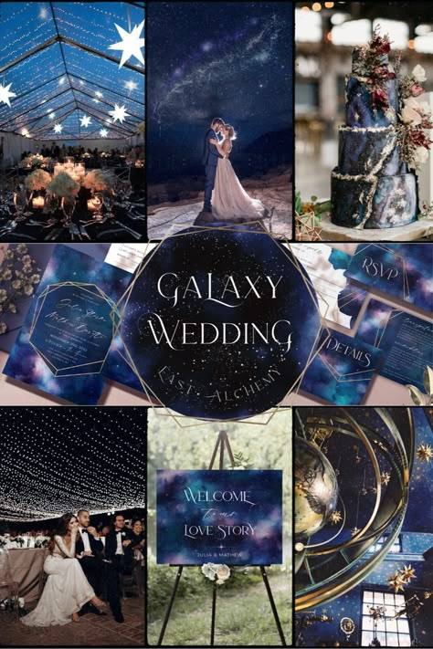 Plan your dream wedding in the style of the stars by creating a magical galaxy theme. From twinkling lights and shooting stars to vibrant hues that mimic the night sky, there's no limit to the possibilities. Showcase your unique style by adding touches of cosmic decor and shimmering details that will make your wedding truly out of this world. Take your guests on a journey to the stars and beyond with a galaxy wedding theme that will leave everyone in awe. Galaxy Inspired Wedding, Stardust Wedding Theme, Starry Sky Wedding Theme, Cosmos Wedding Theme, Space Cowboy Wedding Theme, Galaxy Themed Wedding Cake, Wedding Theme Starry Nights, Wedding Galaxy Theme, Night Sky Themed Wedding