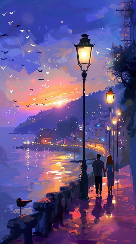 Beautiful Couple Walking by the Sea Bird Background Wallpapers, Birds Flying Painting, Relationship Wallpaper, Evening Illustration, Sky With Birds, Sweet Couple Cartoon, Monogram Wallpaper, Train Illustration, Walking Together