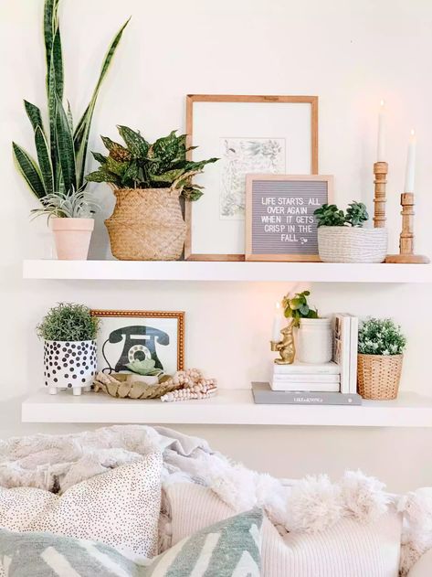 22 Plant Shelf Ideas That Are Perfectly Styled Living Room Shelf Decor, Room Shelf Decor, Reka Bentuk Bilik Tidur, Living Room Shelf, Shelf Decor Bedroom, Shelf Decor Living Room, Shelves Ideas, Room Shelf, Bookshelves In Living Room