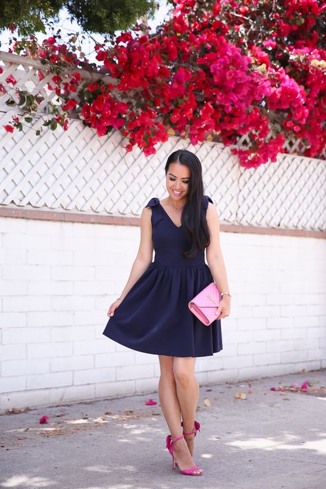 aqua navy bow shoulder flare dress pink bow pumps ysl clutch Bright Shoes Outfit, Navy Dress Outfits, Ysl Clutch, Mai Thai, Cute Date Outfits, Stylish Petite, Bow Pumps, Dressy Dresses, Pink Shoes