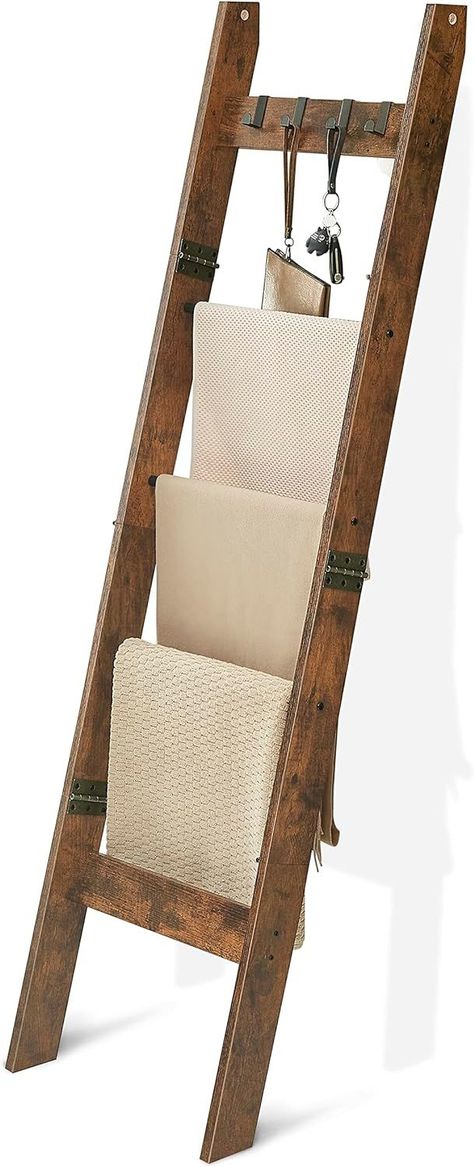 Hzuaneri Blanket Ladder Shelf for Living Room, Decorative Wood Quilt Rack with 4 Removable Hooks, 5-Tier Farmhouse Ladder Holder Organizer for Bedroom, Rustic Brown Hobby Lobby Farmhouse Decor Living Room, Wood Blanket Ladder, Rustic Blanket Ladder, Wooden Blanket Ladder, Farmhouse Ladder, Blanket Ladders, Blanket Holder, Quilt Ladder, Scarf Display