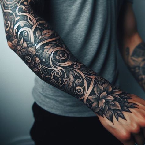 Vambrace Tattoo, Half Sleeve Leg Tattoo Men, Loner Tattoos Men, Full Hand Tattoo Design, Mens Arm Sleeve Tattoos Ideas Unique, Tattoos Men Forearm, Coverup Tattoo Design For Man, Mens Wrist Tattoos, Flower Tattoos Men