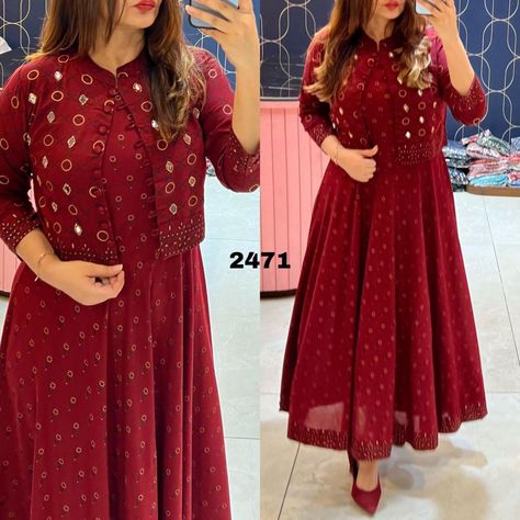 anarkali suit * anarkali+jacket* *48.50.52.54* Aline kurti with jakit-* *Length -48* *Work -swques* *Best price -599 free ship* For order contact:9492358459 Anarkali Jacket, Detachable Jacket, Traditional Gown, Brocade Blouse Designs, Red Kurti, Red Frock, Maroon Jacket, Traditional Gowns, Partywear Dresses