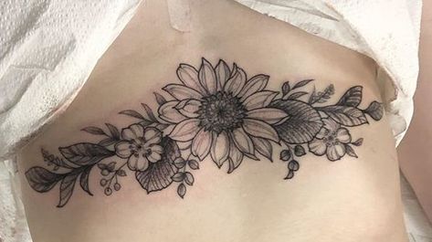 Sunflower Chest Tattoo Female, Flower Sternum Tattoo, Hippie Tattoos, Tattoo Sternum, Sternum Tattoo Design, Lower Stomach Tattoos, Ivy Tattoo, Chest Tattoo Ideas, Couples Tattoo