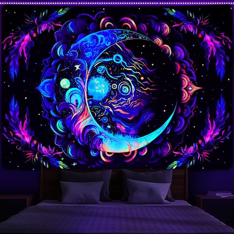 PRICES MAY VARY. BLACK LIGHT /UV REACTIVE: With special inks and advanced printing technology, the moon mandala tapestry will glow perfectly under blacklight / UV light in the dark. Contains gorgeous mandala patterns this moon tapestry will bring your room an unique view, giving you a elegant environment. AMAZING MATERIAL: This blacklight tapestry is made of high quality polyester material, which is soft, skin-friendly, durable, wrinkle-free and not easy to fade. VARIOUS SIZE: The UV reactive ta Misty Nature, Trip Room, Mandala Tapestry Bohemian, Mysterious Aesthetic, Room Paint Designs, Mural For Living Room, Aesthetic Tapestry, Blacklight Tapestry, Cheap Wall Art