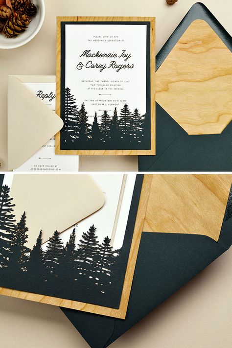 These DIY laser cut wedding invitations are perfect for a fall, forest, or rustic wedding celebration. This suite uses a laser cut card with pine tree details, wood paper, and envelopes in earth tones. All materials and assembly video at: http://blog.cardsandpockets.com/2018/10/04/diy-rustic-laser-cut-wedding-invitations/ How To Dress For A Wedding, Rustic Wedding Cards, Vintage Lace Weddings, Cricut Wedding, Rustic Wedding Diy, Lace Wedding Invitations, Laser Cut Wedding Invitations, Laser Cut Wedding, Beach Wedding Invitations