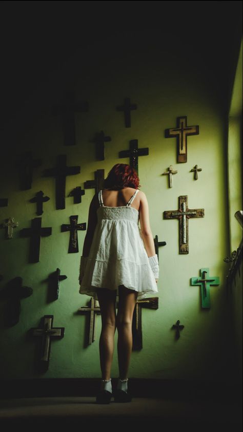 Creepy cross wall photoshoot at abandoned church Exorcist Photoshoot, Biblical Photography, Creepy Photoshoot Ideas, Abandoned Photoshoot, Creepy Photoshoot, Abandoned Fashion Photography, Religious Horror Core, Church Photoshoot, Cult Aesthetic