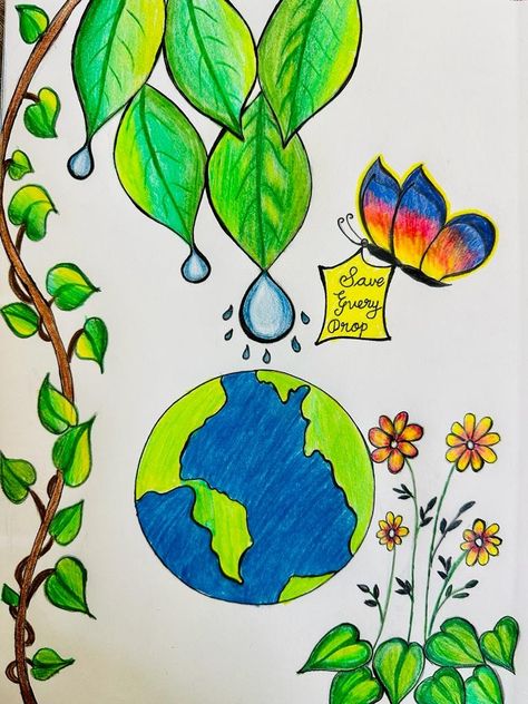 March 22 Drawing Of Earth, Environment Day Art, Environmental Day Crafts For Kids, Environmental Day Drawing, Save Environment Drawing Ideas, Safe Drawing, Earth Day Drawing For Kids, Earth Day Drawing Easy, Earth Border Design