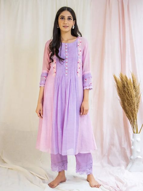 Buy Pink Lilac Embroidered Chanderi A-Line Kurta with Inner and Pants - Set of 2 | MN00033/MANG1 | The loom Embroidery With Pearls, डिजाइनर कपड़े, Eid Outfit, A Line Kurta, Kurtis With Pants, Kurta Designs Women, Pink Set, Pink Lilac, Designer Dresses Indian