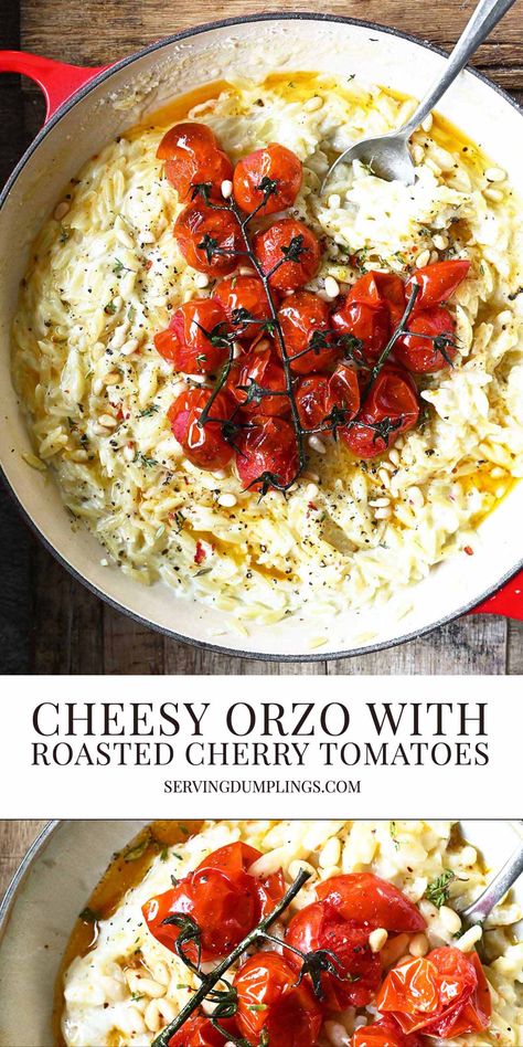 Easy Orzo, Cheesy Orzo, Tomato Dishes, Orzo Recipes, Roasted Cherry, Roasted Cherry Tomatoes, Tasty Pasta, Cherry Tomato, Meatless Meals