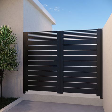 "Alumission Aluminum Double Swing Gate Kit DIY Powder Coat (can be used as driveway gate, entry gate, side yard gate etc.) *This aluminum gate can fit on any opening up to the chosen size. To adjust the width cut the horizontal slats to the right size using any saw with an aluminum blade. To adjust height cut the side posts and gate frames. Use as much as needed horizontal slats to adjust the height.  What comes in the kit: x4 Gate Frame 6′ (5″x1.75″x72″) including top and bottom caps for each post (5″x1.75″x.07″) x8 Gate frame cover 6′ (.7″x.2″x72″) x2 Side post 6′ (1.75″x1.875×72″) including top and bottom caps for each post (1.875″x1.75″x.07″) x2 Post Cover 6′ (.24″x1″x72″) x1 Gate Stopper 6′  x4 Black Stainless Steel Hinges (can be used as regular or self closing), including x20 #10 1. Modern Side Gate Ideas, Side Yard Gate Wrought Iron, Gate Between House And Garage, House Gate Design Front Entry, Side Gates Metal, Front Gate Design Front Gate Design Modern, Steel Gate Design Double Door, Entry Gates Ideas Driveway Entrance, Fences And Gates Modern