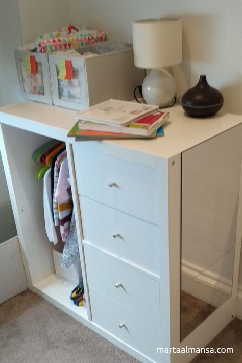 Kallax Montessori wardrobe: IKEA hack made easy | Marta Almansa | Nurse & Author Ikea Standing Shelves, Ikea Kallax Hack Kids Wardrobe, Kallax Hack Nursery, Ikea Kallax Kids Closet, Ikea Kallax Montessori Wardrobe, Montessori Toddler Wardrobe Ikea, Ikea Toddler Wardrobe Hack, Kallax Nursery Ideas, Minimalist Montessori Bedroom