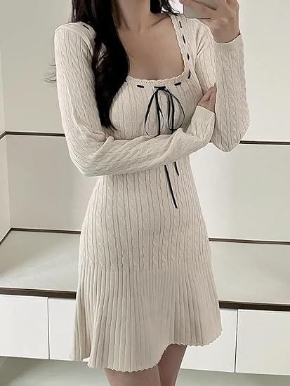 Amazon.com: Korean Style Solid Lace Up Knitted Dresses Bodycon Long Sleeve Mini Sweater Dress : Clothing, Shoes & Jewelry Shoes For Bodycon Dress, Knit Long Sleeve Dress, Woolen Dress, Woolen Dresses, Office Dresses For Women, Lace Trim Dress, Long Sleeve Knit Dress, Stunning Outfits, Tie Styles