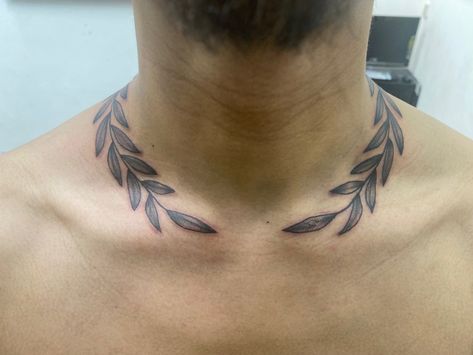 Wreath Around Neck Tattoo, Greek Laurel Tattoo, Leaves Around Neck Tattoo, Leaves On Neck Tattoo, Laurel Neck Tattoo, Olive Crown Tattoo, Neck Leaves Tattoo, Greek Leaves Tattoo Neck, Neck Leaf Tattoo