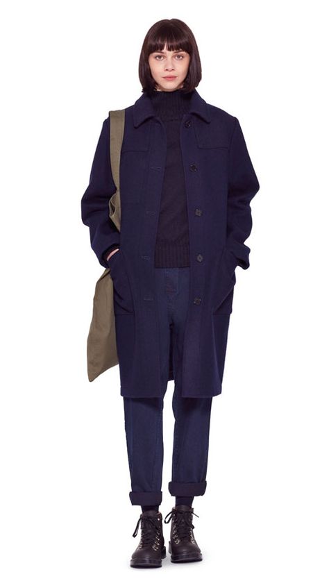 AUTUMN WINTER 2016 COLLECTION - NAVY WOOL MELTON MHL DONKEY COAT, NAVY… Navy Blue Outfit, Hiking Clothing, Navy Outfit, Margaret Howell, Hiking Women, Blue Outfit, Hiking Outfit, 가을 패션, Pea Coat