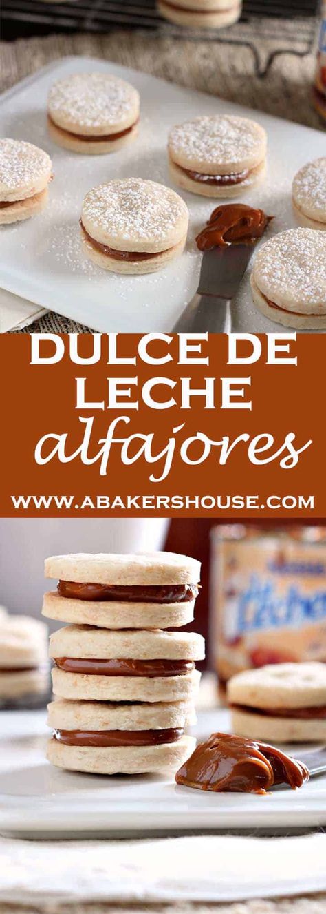 A recipe for dulce de leche alfajores. Two cookies sandwiched with a filling of dulce de leche. A traditional South American dessert. Made by Holly Baker at www.abakershouse.com Chili Country, Portable Desserts, Chilean Desserts, Alfajores Recipe, Argentine Recipes, American Dessert, Chilean Food, Halloween Deserts, Mothers Day Desserts