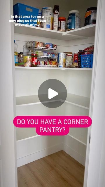 Pantry Ideas With Countertop, Closet Size Pantry Ideas, Storage Cupboard Organisation, Corner Kitchen Pantry Organization, How To Organize A Corner Pantry, Corner Pantry With Microwave, Corner Pantry With Countertop, Mini Butlers Pantry Ideas, Corner Pantry Shelving Ideas Walk In