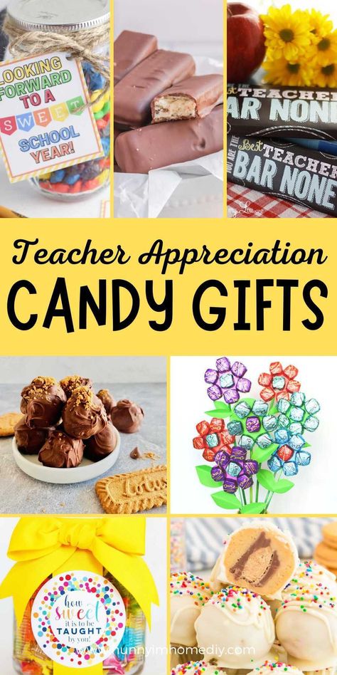 Candy makes some of the best gifts for teachers! Whether you're looking for back to school presents or gifts for teacher appreciation week, you'll find tons of sweet ideas on this list! Grab free printable gift tags to make DIY mason jar gifts or prepare homemade food to give to your favorite educator or principal. Chocolate Gifts For Teachers, Sweet Teacher Gifts, Teacher Appreciation Candy Sayings, Teacher Candy Gifts, Diy Mason Jar Gifts, Best Gifts For Teachers, Candy Gift Ideas, Candy Bar Covers, Mason Jar Teacher Gifts