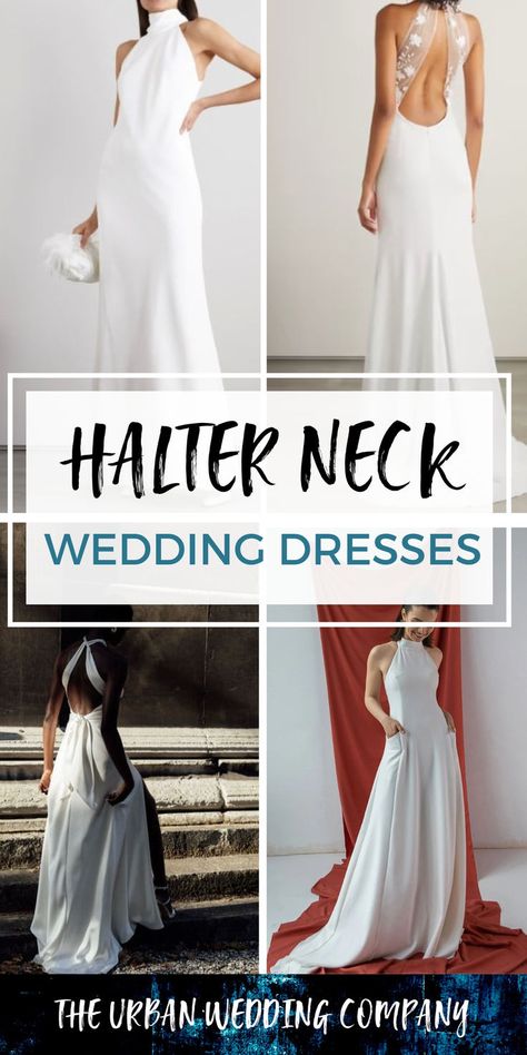 Halter neck wedding dresses are super stylish on trend wedding dress. Loved by celebraties and modern fashion forward brides. Head to the blog for all the best halter top wedding dresses and outfits. Halter Wedding Dress With Veil, Halter High Neck Wedding Dress, High Neck Wedding Dress Sleeveless, Simple Halter Wedding Dress, Trend Wedding Dress, Halter Neck Wedding Dresses, Halter Dress Hairstyles, Halter A Line Wedding Dress, Halter Wedding Dresses