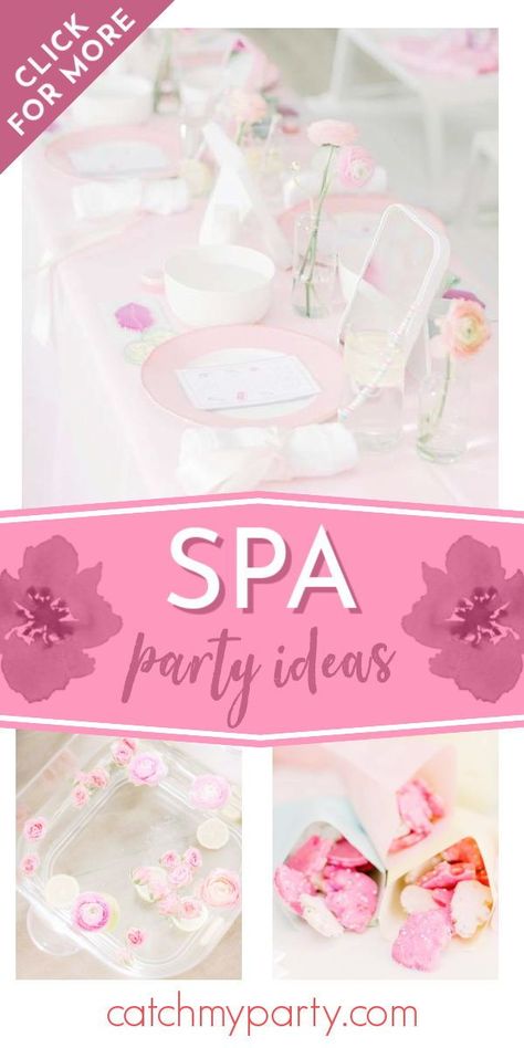 Don't miss this pretty pink spa-themed sleepover birthday party! The spa party activity is so cute! See more party ideas and share yours at CatchMyParty.com Pink Spa Party, Spa Bachelorette Party Decorations, Spa Party Activities, Spa Party Foods, Spa Party Theme, Sleepover Birthday Party, Spa Day Party, Spa Birthday Party, Sleepover Birthday