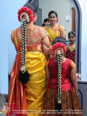 Standing In Front Of Mirror, Flower Jadai, Jada Designs, Pelli Poola Jada, In Front Of Mirror, Telugu Bride, South Indian Wedding Hairstyles, Poola Jada, Indian Braids