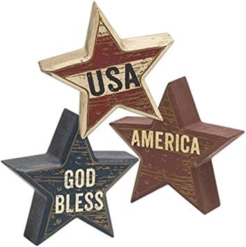 Amazon.com: HAPPY DEALS ~ Set of 3 | Wooden Distressed Patriotic Star Sitter Blocks Tabletop Decor - USA, America and God Bless - 3 pc Set - 4 inch : Home & Kitchen Star Shelf, Primitive Star, Primitive Americana, Shelf Sitters, Wood Stars, Primitive Kitchen, Patriotic Stars, Americana Decor, Aging Wood