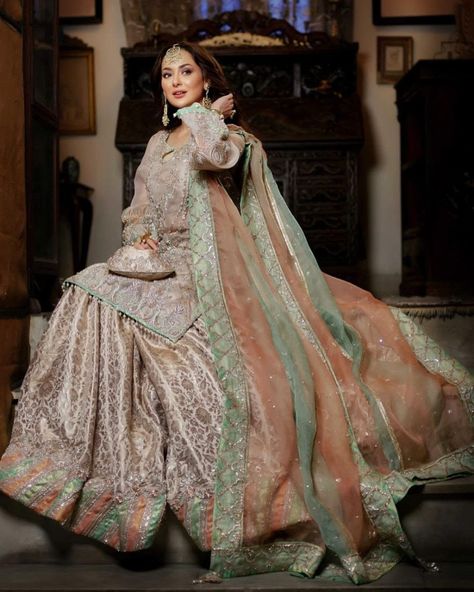 Banarsi Gharara, Organza Gharara, Indian Party Wear Dresses, Engagement Event, Gharara Designs, Tilla Embroidery, Hania Amir, Organza Shirt, Indian Party Wear