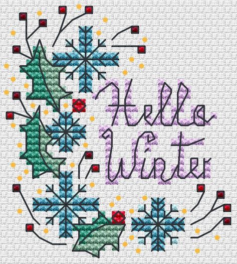 Hello Winter (square), designed by Durene Jones, from the Durene Jones Cross Stitch Facebook Page. Durene Jones Cross Stitch, Durene Jones, Garden Cross Stitch, Autumn Cross Stitch Patterns, Garden Cross, Mini Christmas Ornaments, Cross Stitch Free, The World Of Cross Stitching, Cross Stitch Landscape