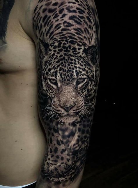 Jaguar Print Tattoo, Leopard Sleeve Tattoo, Natur Tattoo Arm, Jaguar Tattoo, Hunting Tattoos, Mother Nature Tattoos, Leopard Tattoos, African Tattoo, Lion Tattoo Sleeves