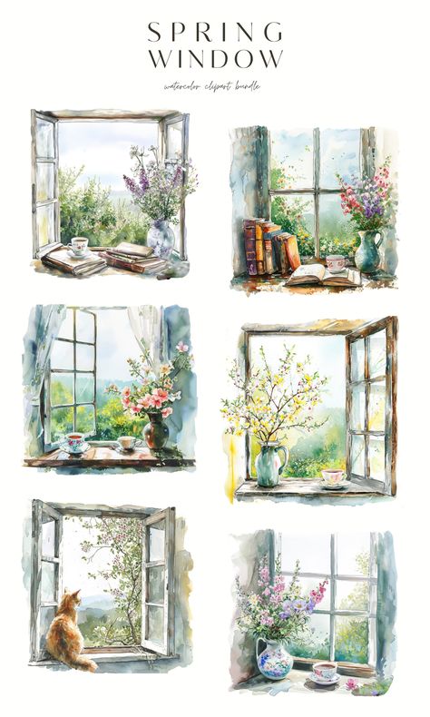 Books And Windows, Watercolor Window Painting, Watercolor Window With Flowers, Window View Drawing, Watercolour Window, Window Watercolor Painting, Watercolor Window, Spring Graphics, Spring Png