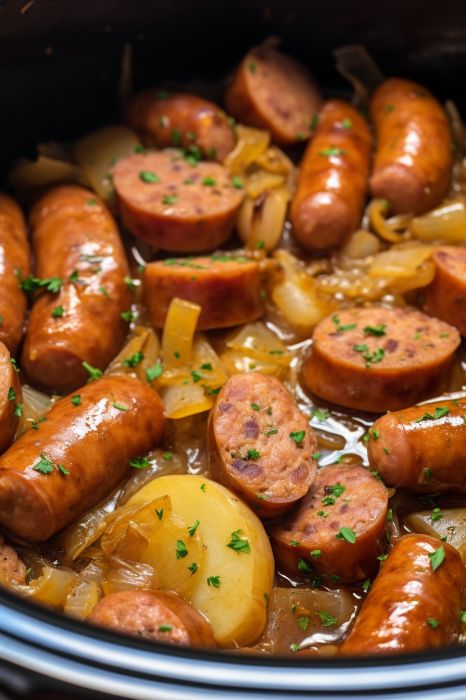 Slow Cooker Sausage - Delicious Dinner German Crock Pot Recipes, Sausages In Slow Cooker, Crockpot For 2 People, Slow Cooker Meat And Potatoes, Eckridge Sausage Recipes Dinners, Crockpot Meals Sausage, Polish Sausage Recipes Healthy, Chicken Sausage Crockpot Recipes, 2 Qt Slow Cooker Recipes