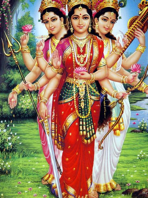 Tridevi (Trinity of Hindu Goddesses) Hindu Goddesses, Aadi Shakti, Saraswati Goddess, Durga Images, Lakshmi Images, Indian Goddess, India Asia, Devi Durga, Divine Mother