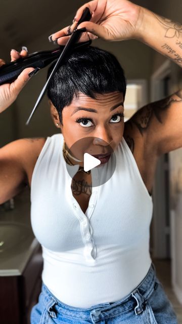 Houston Short Hairstylist on Instagram: "My Go To Hairstyle  This style is quick and easy with my pixie.   You know me. Just a West Coast girl doing what She loves. Short Hair Vibes.🫶🏾 #awestcoastgirlandshears  Click the link in my bio to schedule your next hair appointment.  Sincerely, Your Short Hair Stylist❤️  #houstonshorthair #houstonshorthairstylist #houstonshorthairstyles #houstonpixiecuts #houstonpixiestylist #houstonhaircuts #houstonhaircuts #pixiecutstyle #pixiequeen #shorthairgang #houstonhairstylist #houstonhairstylists" Super Short Black Hairstyles, Hats With Short Hair Black Women, Outfits For Short Hair Black Women, Highlight Short Hair Pixie, Natural Hair Styles Short Black Hair, Pixie With Side Part, Silver Hair Pixie Haircut, Full Pixie Haircut, Very Very Short Hairstyles