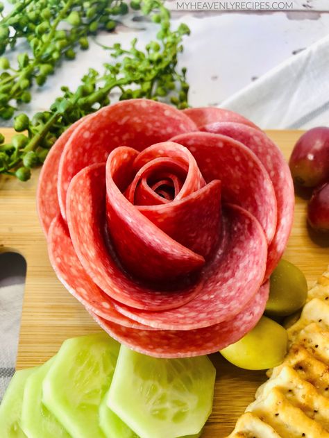 How to Make Salami Roses for a Charcuterie Board Charcuterie Board Rose, Salami Flowers, How To Make Salami, A Charcuterie Board, Charcuterie Board, Roses, Meat, Flowers