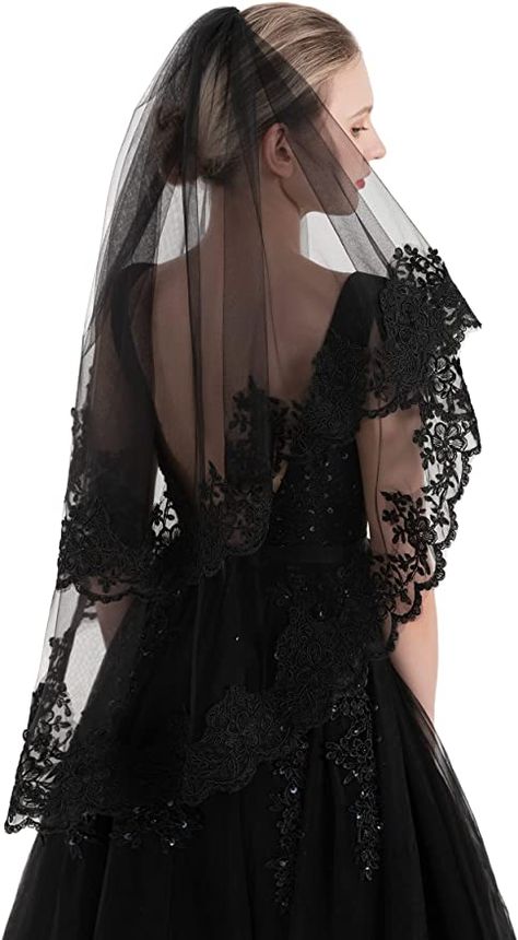 PAMOR Black Lace Veil Creative Mantilla Cathedral Tulle Sheer Wedding Halloween Veil for Bride With Comb (Black Flower) at Amazon Women’s Clothing store Black Lace Veil, Black Bridal Veil, Fingertip Length Wedding Veil, Black Wedding Veil, Color Veil, Lace Veils Bridal, Blusher Veil, Lace Veil, Wedding Veils Lace